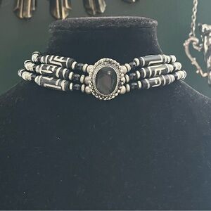 Black Ivory Silver Bone Pipe Bead Choker Necklace Tribal Western Boho Statement